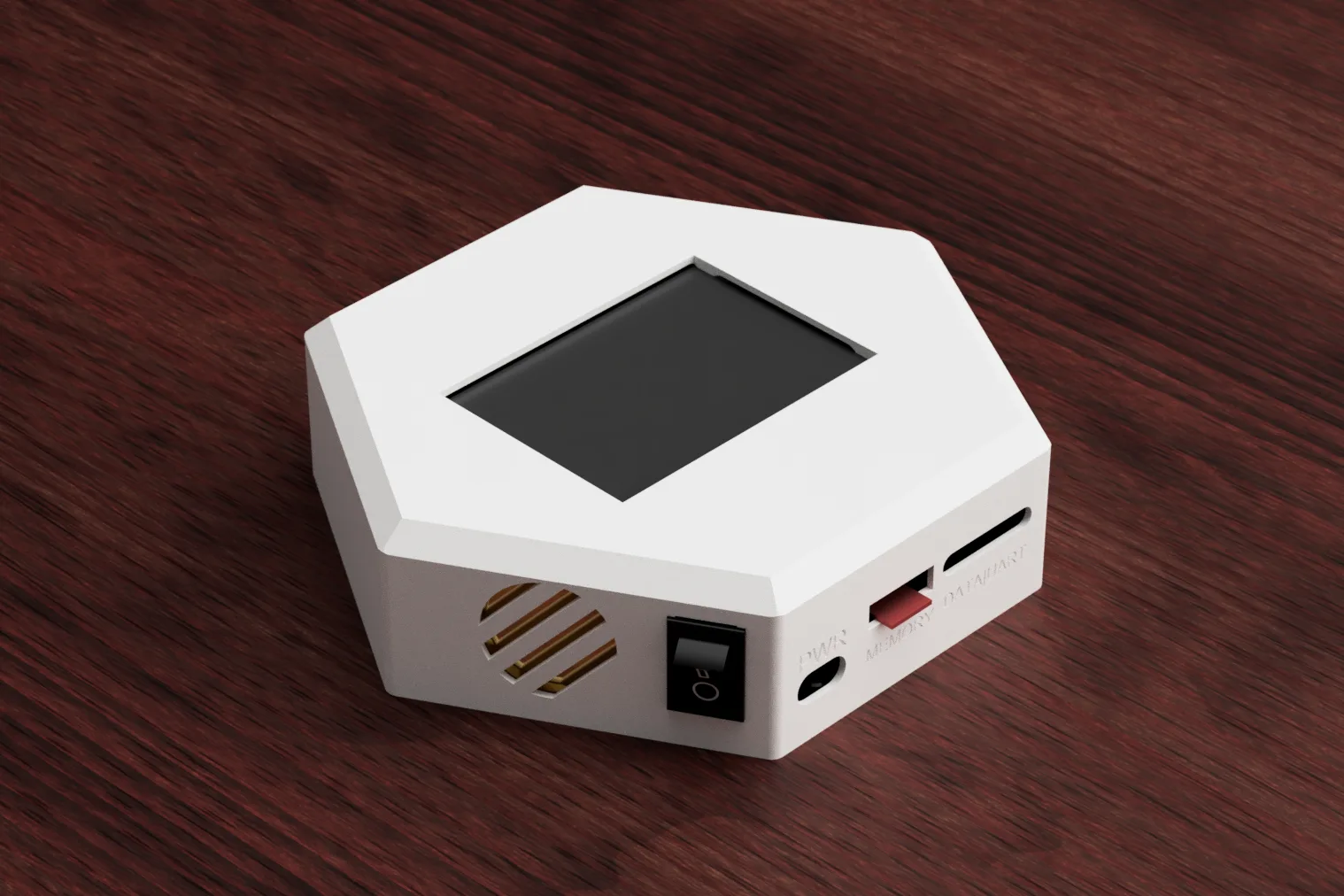 A Nimbus device: a white hexagonal desk unit with a screen, speaker grille, power switch, USB-C port and SD card slot, shown at an angle on a wooden desk.