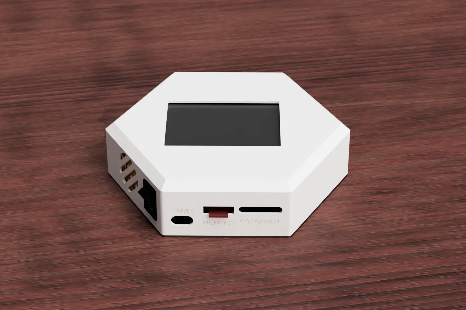 Front view of the Nimbus device showing its screen and hexagonal white enclosure.